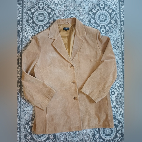 H Y Womens Vintage Leather Blazer XL Tan Mobwife 70s Hippie Quiet Luxury Classic - Picture 4 of 15